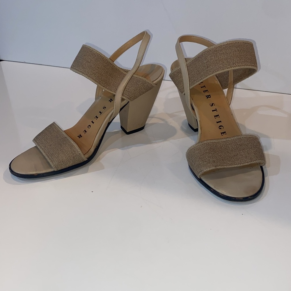 Walter Steiger Creamy Tan Beige Strappy Sandals w curved Block Heel Italy 6 1/2